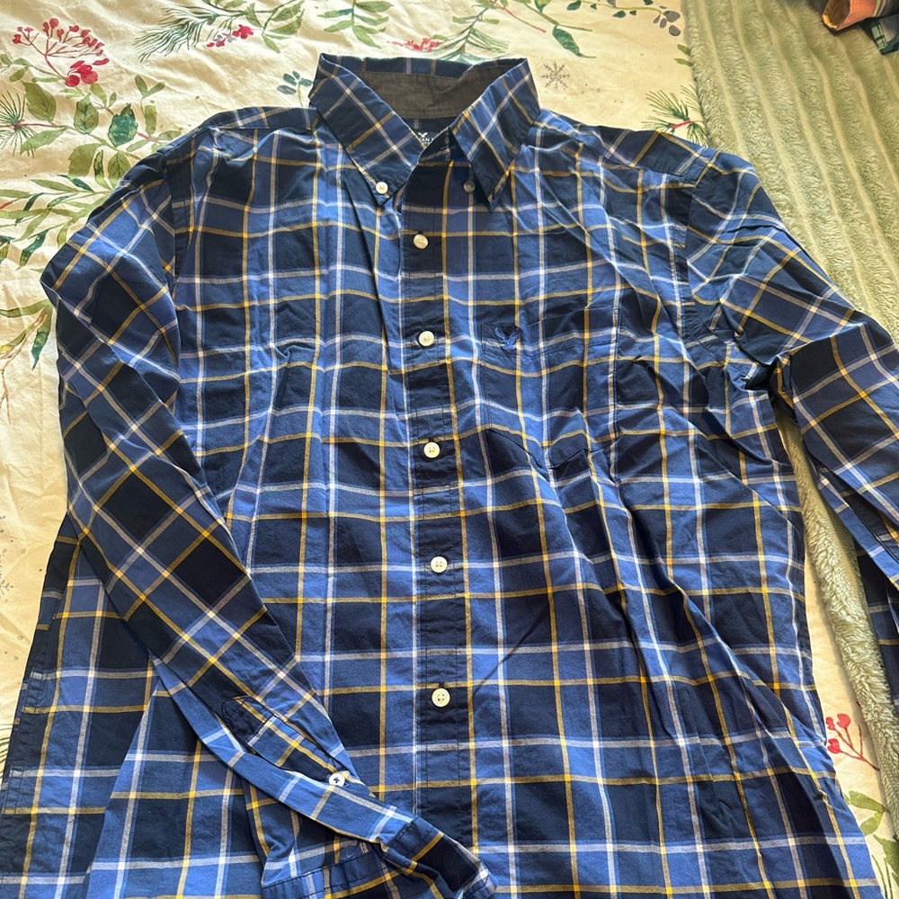 American Eagle Outfitters Navy and Yellow Plaid Shirt